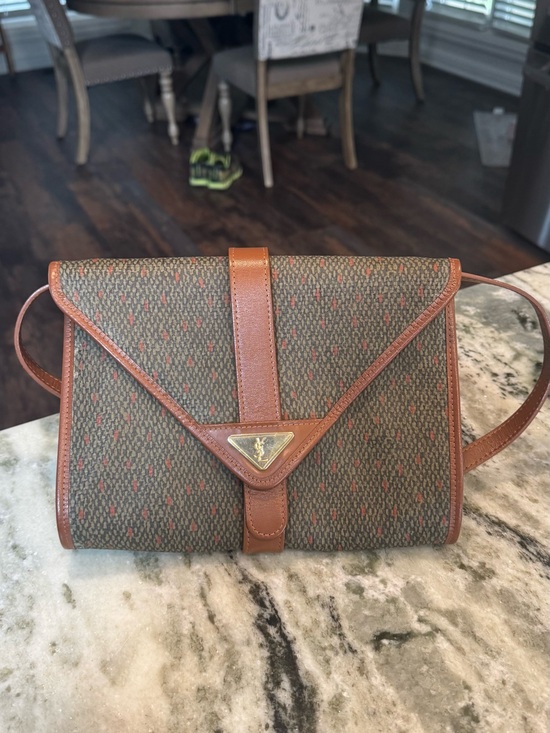 Yves Saint Laurent Handbags - YSL Vintage Signature Monogram Envelope PVC Shoulder Bag with Leather Trim